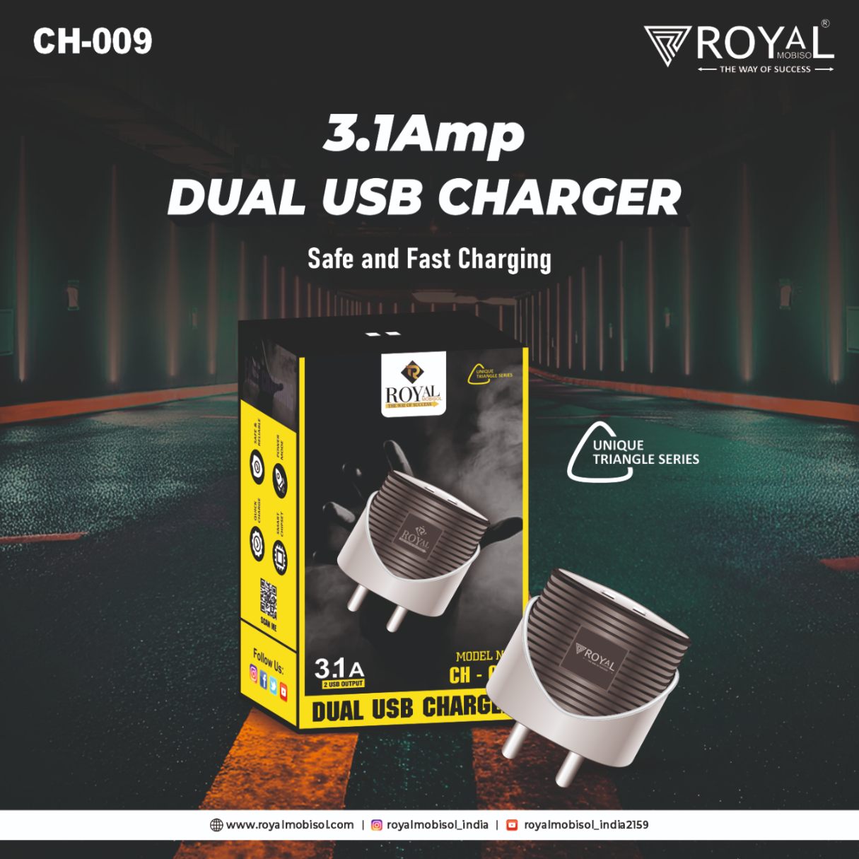 ROYAL CH-009 3.1Amp DUAL USB CHARGER SAFE AND FAST CHARGER(10pc)